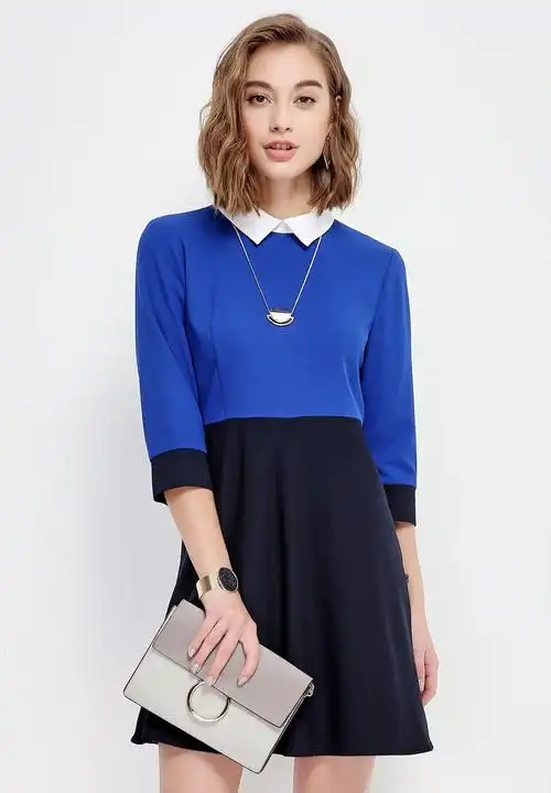 宝蓝/藏蓝色甜美优雅翻领八分袖连衣裙