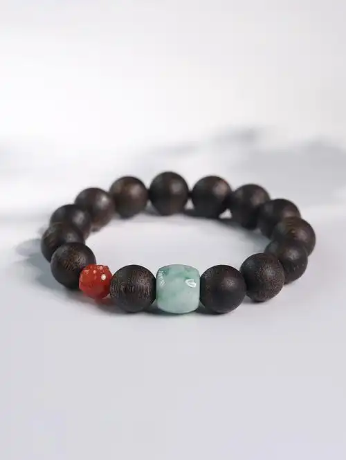 天然文莱沉香手串单圈搭辣绿翡翠路路通南红玛瑙佛头男士霸气手链