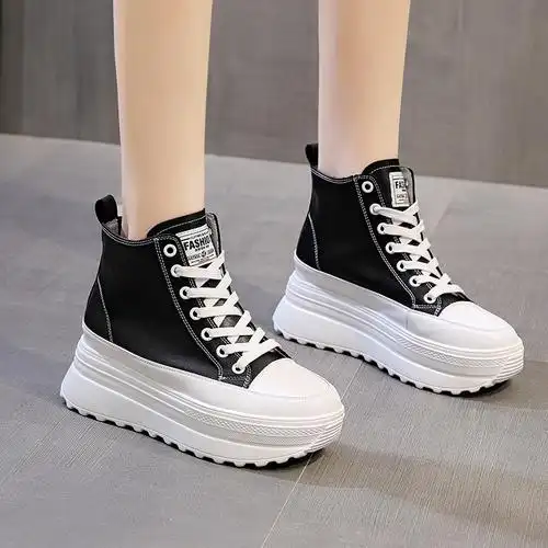 真皮2021秋冬款鞋厚底高帮松糕小白鞋学生韩版内增高女鞋潮-阿里巴巴