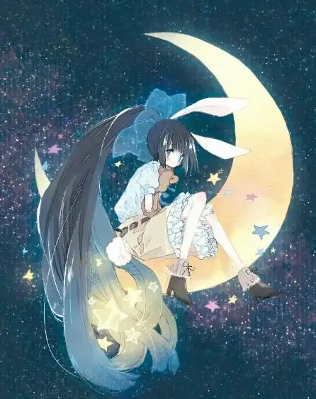 找一个动漫图片,这幅图的画风很萌,图上是一个玉兔的人化坐在月亮上