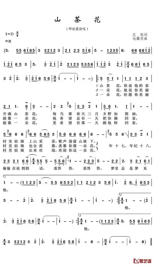 山茶花简谱(歌词)_邓丽君演唱_王wzh制谱