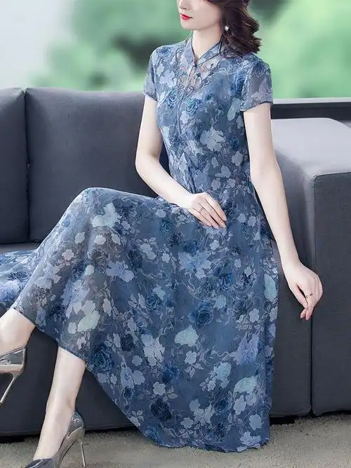 中老年女装中年妈妈喜婆婆婚宴旗袍夏季裙子高贵连衣裙阔太太长裙