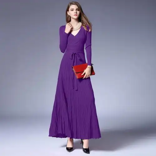 欧美风格收腰显瘦超长大摆百褶连衣裙长袖v领针织长裙大码 c480