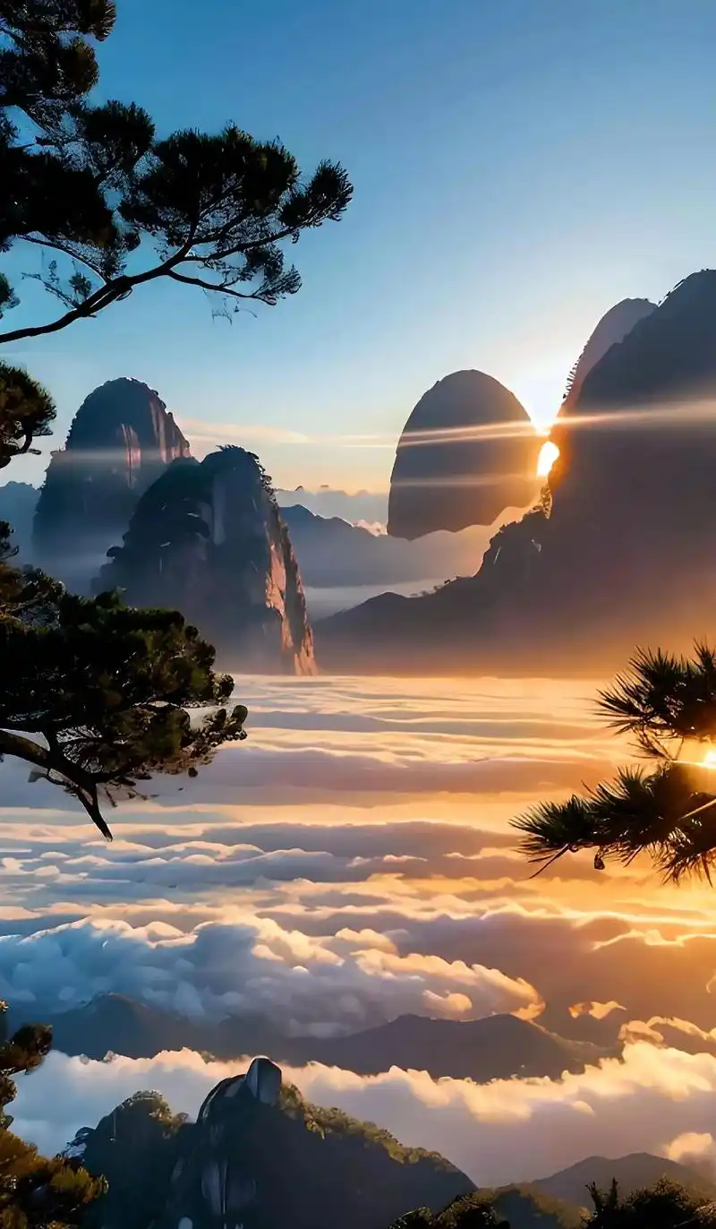 站在山巅向东方眺望,红彤彤的朝阳带着万丈霞光照拂大地,连接天 - 抖