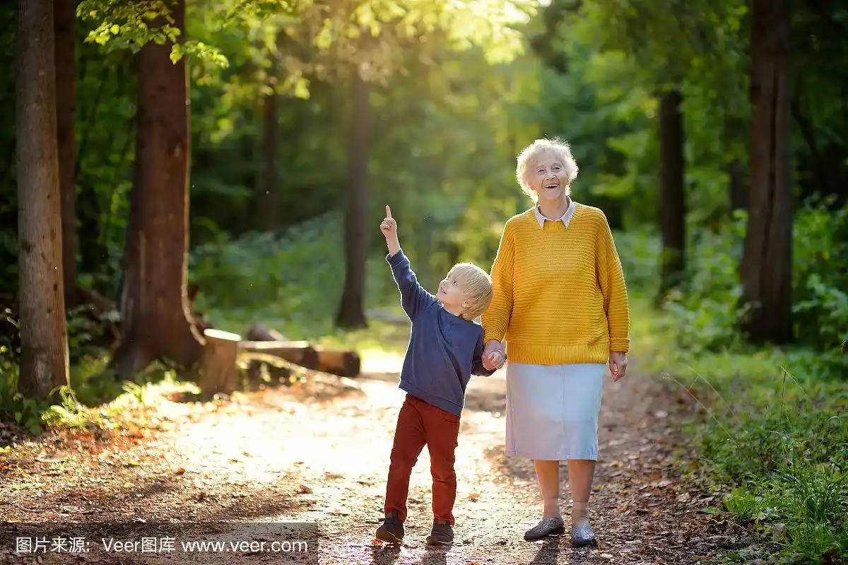 老奶奶和她的小孙子一起在阳光明媚的夏日公园里散步.奶奶和孙子.