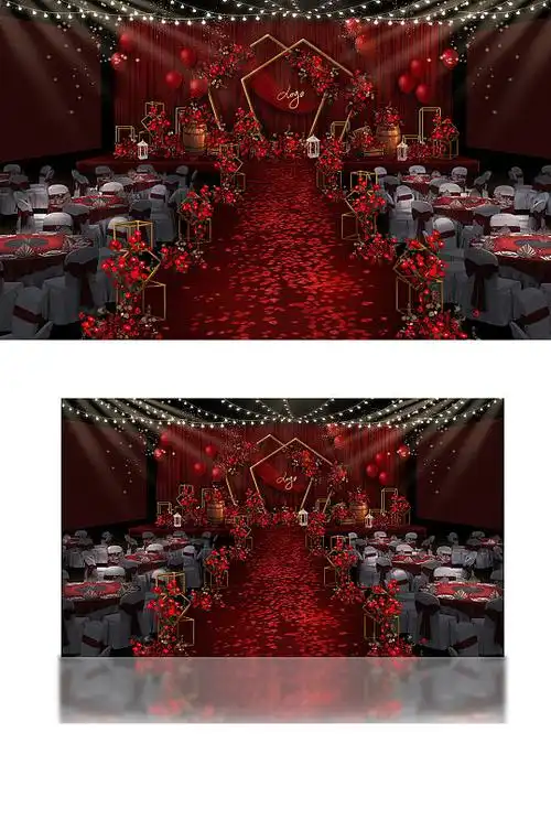 红色婚礼主舞台效果图新中式中国风浪漫