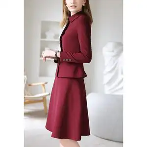 酒红色时尚小香风春秋高端职业装气质女神范套装洋气时尚西装套裙