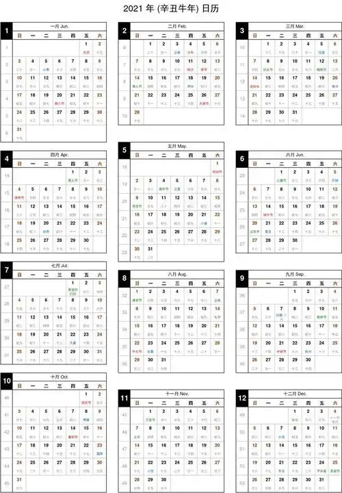 日历,周历,月历,年历,农历(旧历,阴历),公历(新历,阳历,西历),2021年