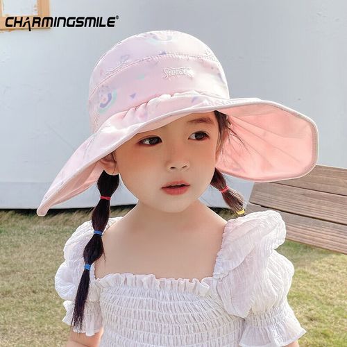 迷人微笑遮阳帽儿童女防晒帽夏天可爱印花可折叠渔夫帽空顶大檐小孩