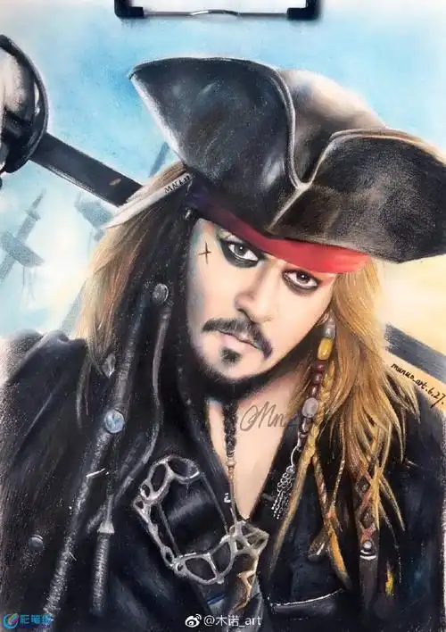 彩铅手绘加勒比海盗杰克船长-彩铅画|水彩画|素描|国画|美术生-彩笔绘