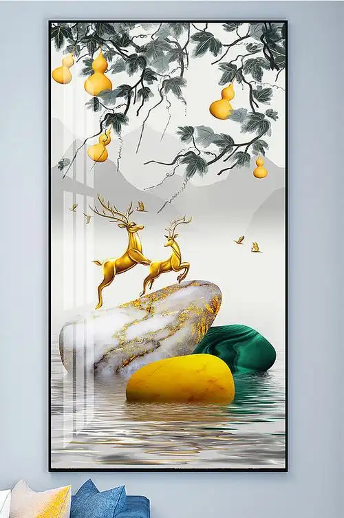 五福临门葫芦金色麋鹿石来运转发财鹿晶瓷画