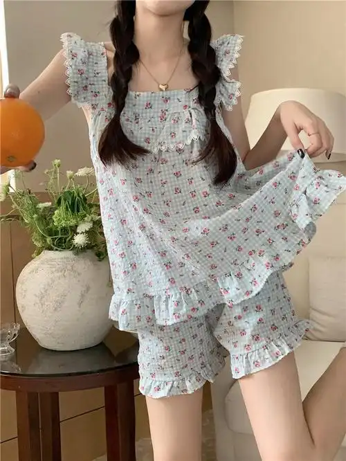【仿棉】甜美碎花格子吊带睡衣女夏季新款高颜值荷叶边居家服套装