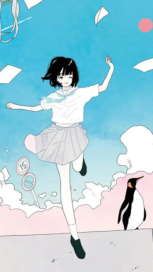 小清新蓝色系文艺少女插画手机壁纸 第一辑