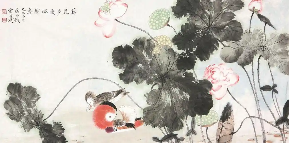 贾广健 荷花鸳鸯 镜片 设色纸本作品欣赏