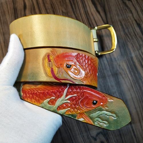 包邮 意大利植鞣牛皮 手工腰带 皮雕纯铜针扣真皮招财 鲤鱼皮带