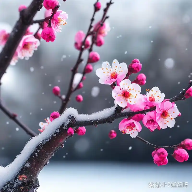 雪花纷纷,与这粉红的花海相互映衬,构成了一幅动人的画卷.