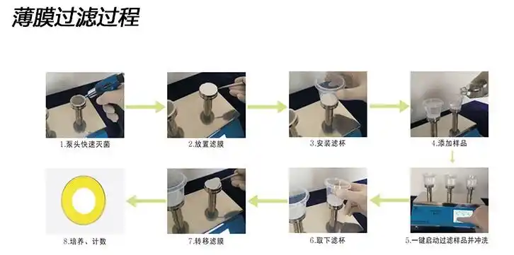 取下滤杯,用无菌镊夹取滤膜,转移至配置好的固体培养基上,菌面朝上