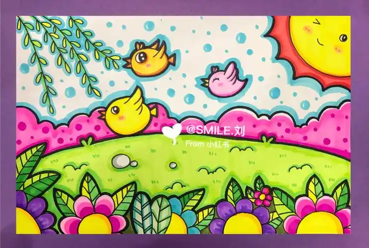 春天主题儿童画春天来了卡通画附线稿