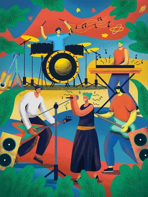 扁平矢量撞色音乐节乐队插画