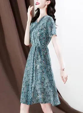 0天猫商城50元券浙江 嘉兴去看看傲冬旗舰店重磅真丝连衣裙女印花中年