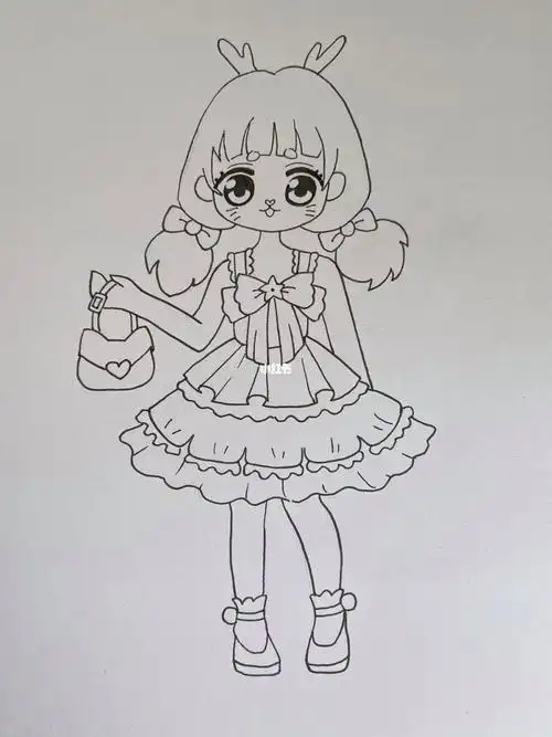 全身服装设计简笔画动漫人物圣诞节戴着圣诞帽的动漫女孩简笔画美少女