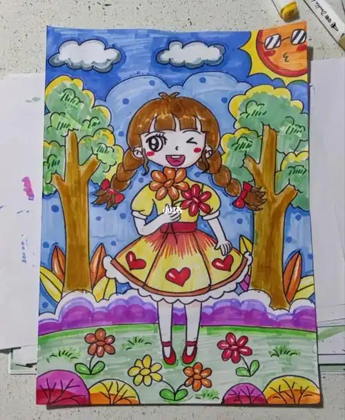 儿童画春天小女孩