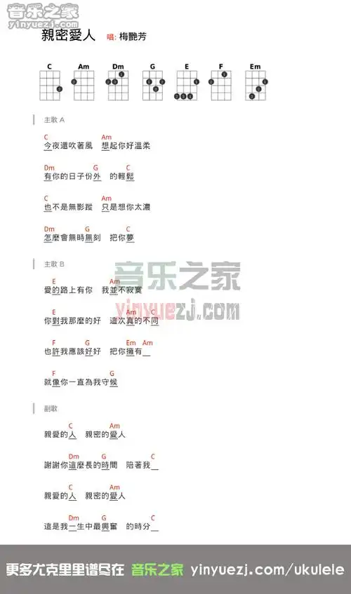 c调版 梅艳芳《亲密爱人》尤克里里弹唱谱
