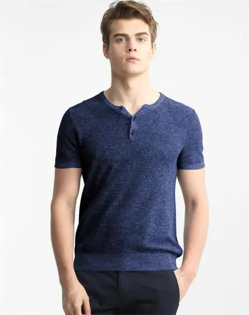 深靛蓝色 天然麻棉简约亨利领短袖针织t恤