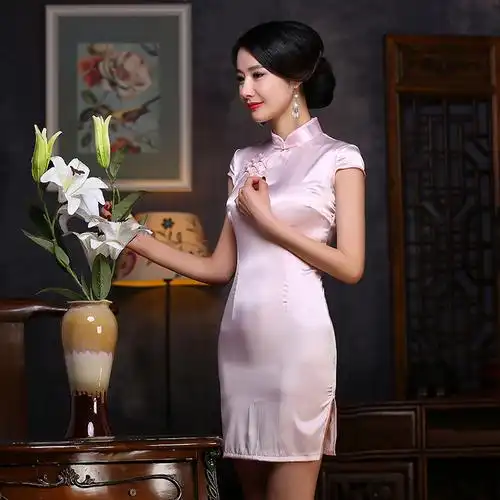 2016新款纯色丝绸旗袍裙 复古时尚改良-旗袍,唐装