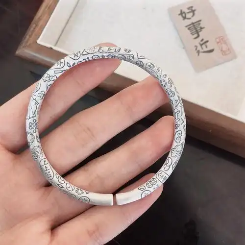 臻品珠宝足银999银手镯女年轻款复古开口如意吉言素圈手镯送女友