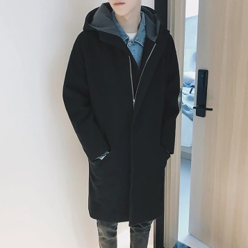 丹杰仕冬季男生连帽风衣男加厚中长款青春休闲呢子带帽大衣潮流套毛呢