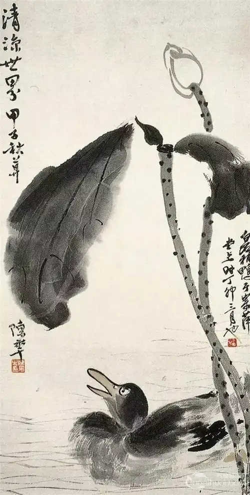 如1924年陈半丁画荷,1926年齐白石补成的《荷凫图》