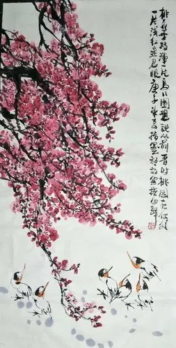 《桃花垂枝》国画