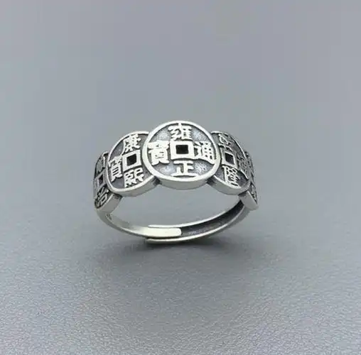 s925纯银做旧泰银五帝钱铜钱币戒指男女复古招财转运开口可调节