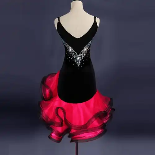 拉丁舞镶钻表演比赛服丝绒连衣裙大摆三步踩吉特巴拉丁舞演出服