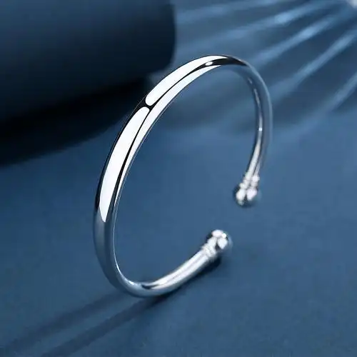 银手镯女9999纯银时尚年轻款ins潮极简冷淡风光面开口对珠银镯子