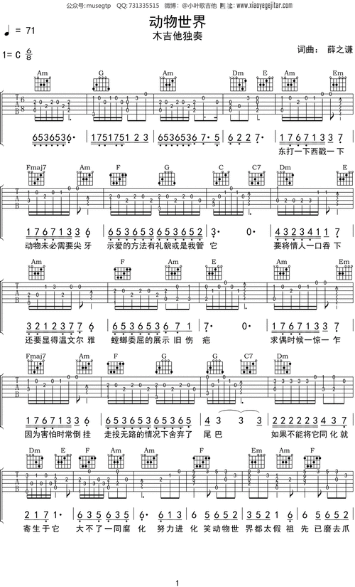 薛之谦动物世界吉他谱指弹独奏曲