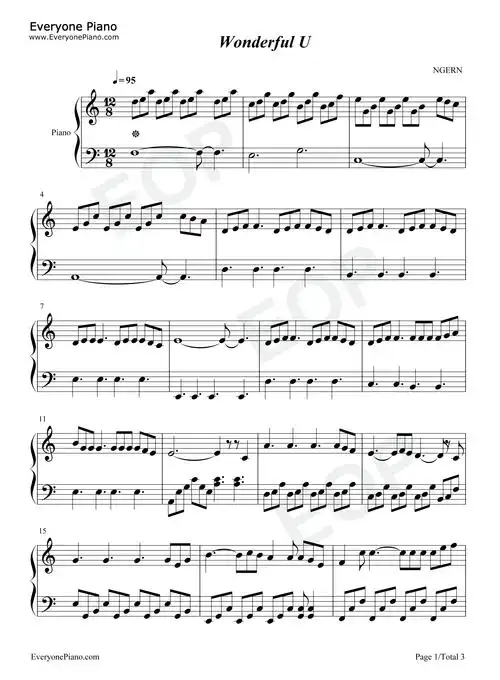 wonderful u-c调简单版-钢琴谱文件(五线谱,双手简谱,数字谱,midi,pdf