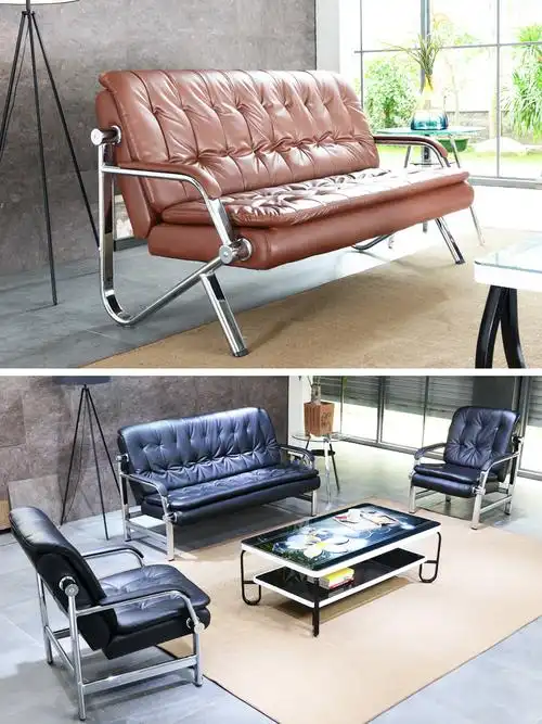 高档办公沙发三人位茶几组合简约现代家具商务会客不锈钢办公室沙