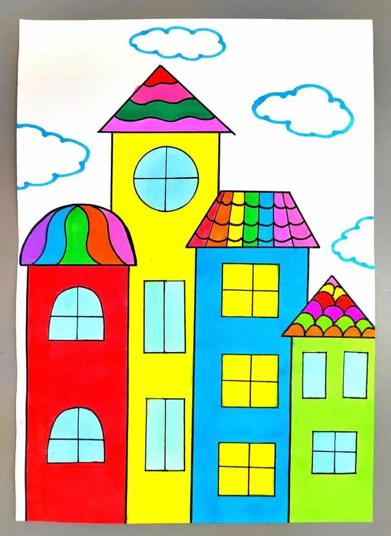 一起来画彩色的房子,简单好看,快来试试吧!#房子简笔画 #房 - 抖音