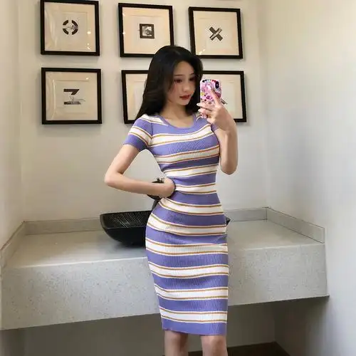 8072#夏季性感显胸大条纹撞色针织衫中长裙子修身包臀开叉连衣裙 - 17