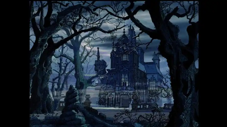 经典"暗黑风"场景,雪夜,古堡,荆棘,枯树,墨绿与深蓝沉寂于黑暗之中,哪
