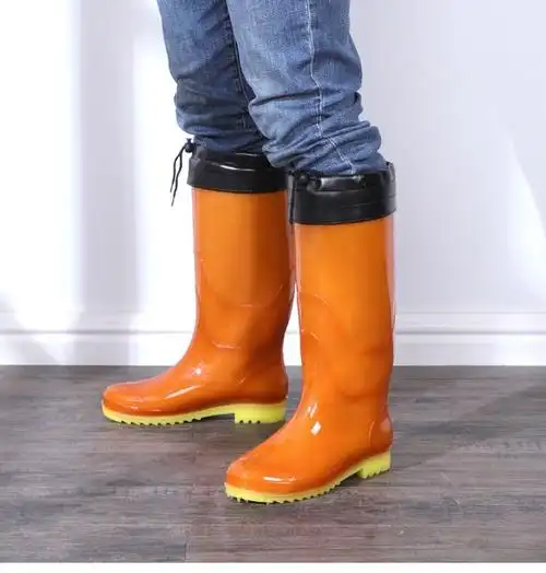 《黄色男士速干长筒雨靴无里布速干水鞋厚底耐磨防滑加绒防水靴胶鞋