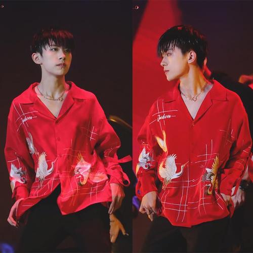 易烊千玺十八岁生日会同款男女宽松红色刺绣千纸鹤舞蹈长袖衬衫潮