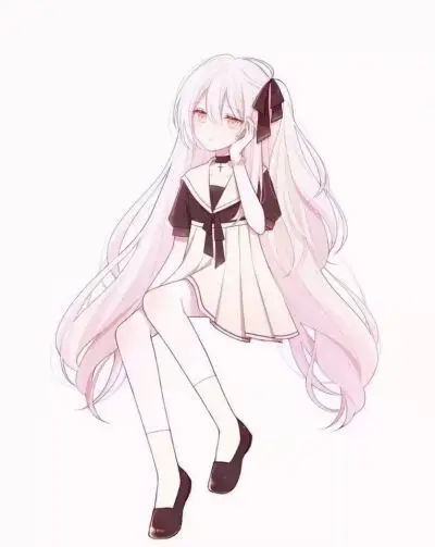 二次元 少女 头像 粉色长发 金瞳 全身 坐姿 校服 清新 粉色系