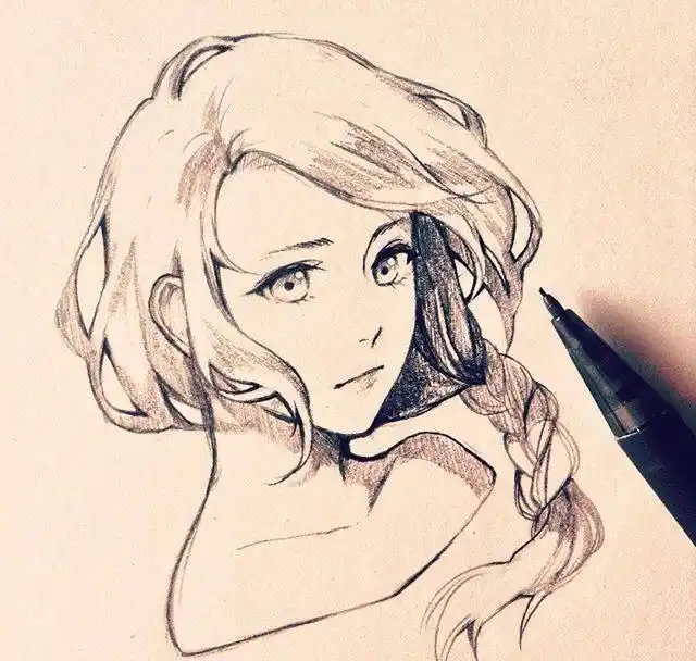 铅笔手绘,女孩头像特写线稿,发型设计超好