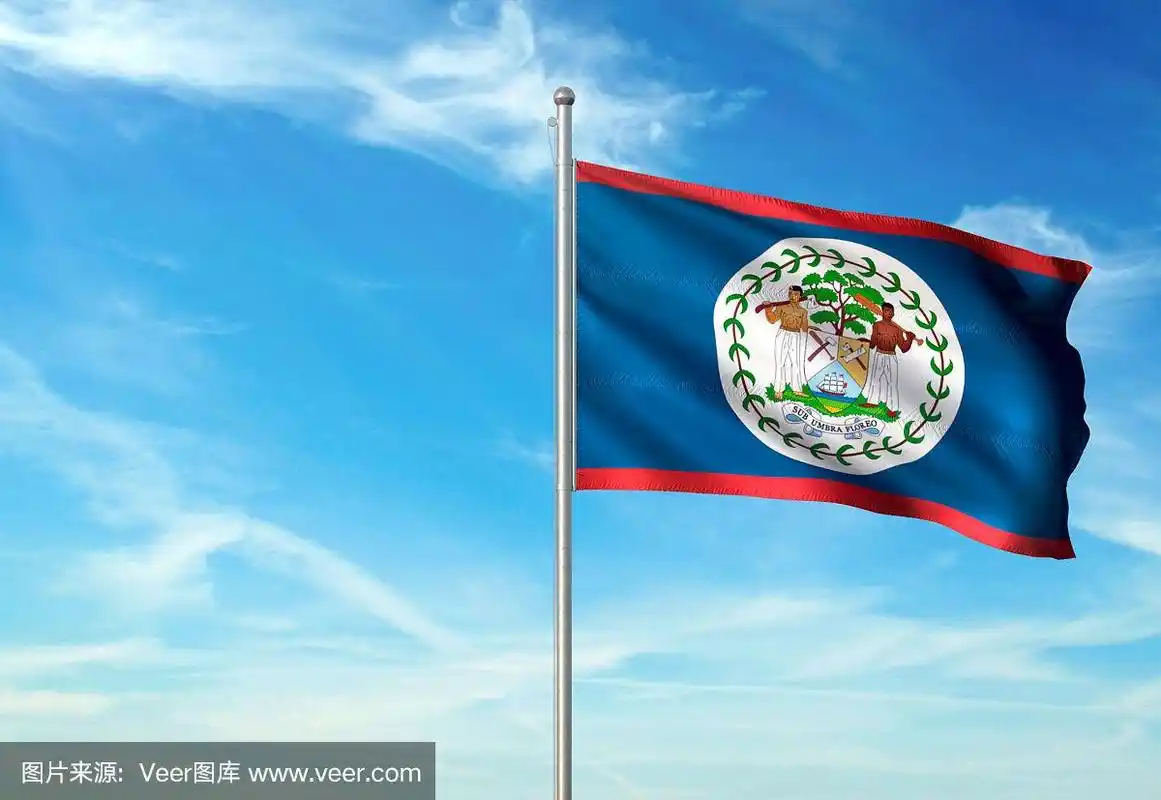 伯利兹国旗飘扬多云的天空背景逼真