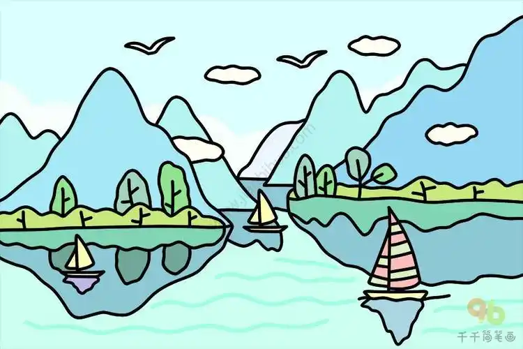 好看的风景简笔画彩色春天山水