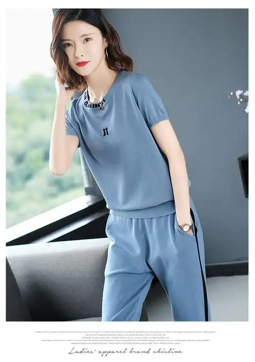 可福唯瑷休闲圆领冰丝针织运动套装女士夏季薄款短袖t恤运动服时尚两