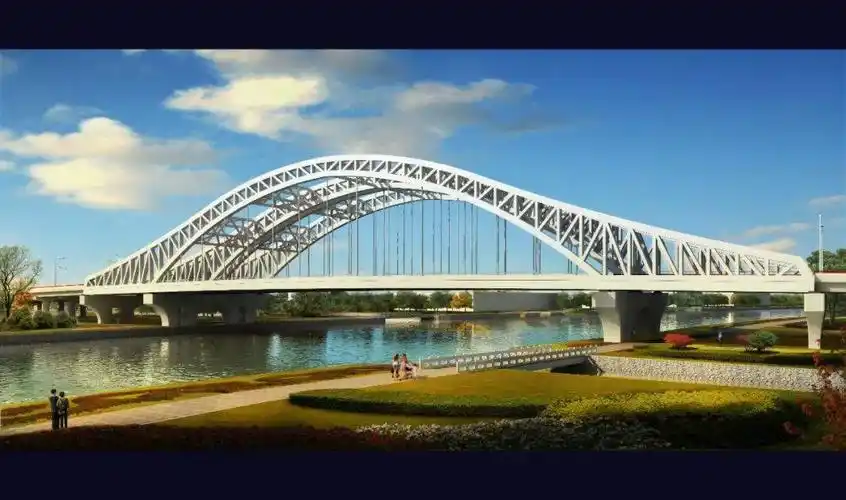 据介绍,全新的金山大桥整体造型为主桥下承式钢桁架拱桥,其中桥梁部分